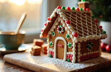 A decorated gingerbread house with colorful candies and icing on a wooden surface