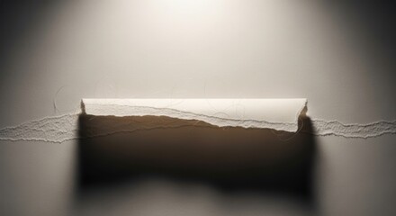 Curled Torn Paper Strip with Rough Edge and Strong Shadow on Neutral Background