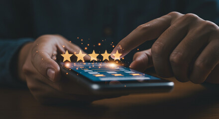 Customer's finger selects fifth star on a glowing smartphone screen, signifying excellent service and product satisfaction.