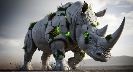 Stone rhinoceros statue overgrown with moss and small flowers in a desert landscape