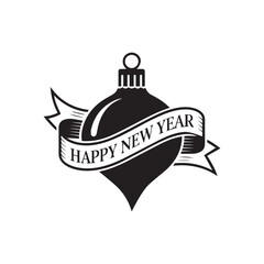Happy New Year Ornament Badge – Vintage Ribbon Christmas Ball Silhouette Design