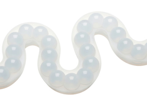 Abstract wavy form holding many translucent gel spheres on a transparent background