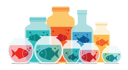 Obraz na płótnie Canvas Colorful collection of fish in various glass containers, including bowls and bottles, arranged in a playful composition, showcasing aquatic life and home decor.