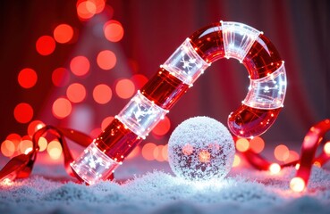 Candy cane with LED lights and snowball on festive background with red bokeh lights