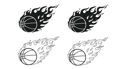 Dynamic basketball logo designs featuring flaming basketballs in both solid black and outlined styles, ideal for sports teams, branding, and athletic events.