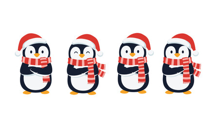 Festive penguins wearing Santa hats and red striped scarves stand in a row, showcasing winter holiday cheer and adorable seasonal greetings.
