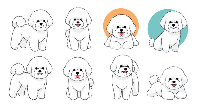 Charming collection of adorable bichon frise puppies in various playful poses, perfect for pet-themed designs and illustrations.
