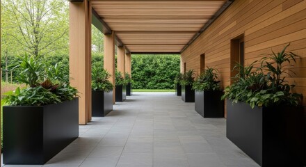Fototapeta premium Modern outdoor corridor with potted plants and wooden architecture in a serene garden setting