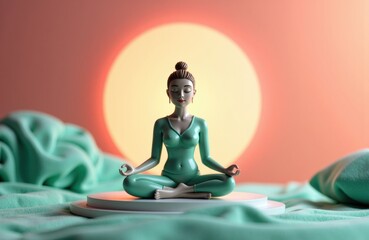 Woman practicing yoga with a meditative pose against a glowing sun background