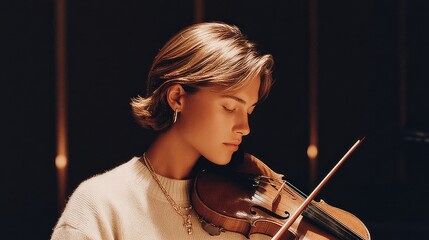 Soft light illuminates focused musician playing violin, creating intimate atmosphere