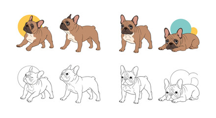 Charming French Bulldog Illustrations in Various Poses with Color and Line Art Versions for Design Projects and Pet-Related Content.