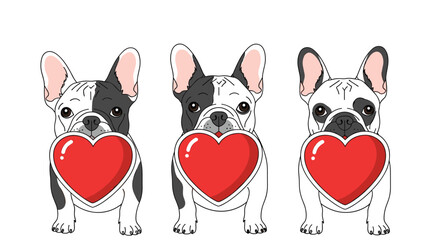 Adorable french bulldogs holding red hearts in their mouths, a charming illustration perfect for valentine's day or expressing love and affection.