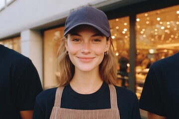 Smiling young woman in casual attire, showcasing friendly atmosphere of workplace