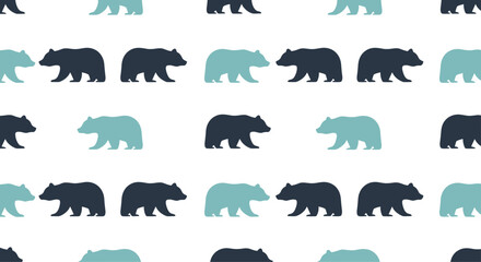 Seamless pattern featuring silhouettes of bears in varying shades of blue and gray against a clean white background, creating a playful and natural design.