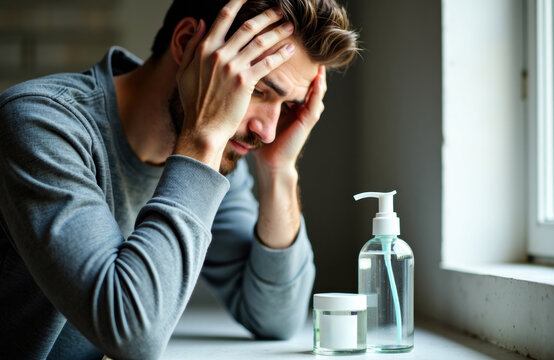 Man experiencing stress or headache sitting at a table with hand on his head near a window