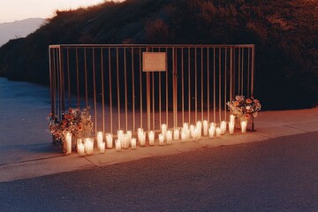 Memorial site illuminated by candles, surrounded by flowers, evokes deep emotions