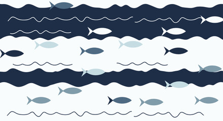 A seamless pattern of stylized fish swimming amongst gentle waves in shades of blue and white creates a calming nautical background for various design projects.