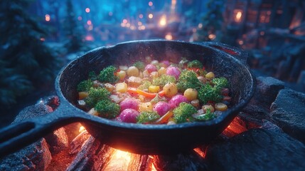 Colorful vegetables sizzling in cast iron skillet over glowing campfire, enchanting atmosphere