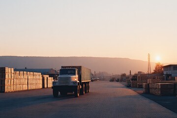 Sunrise over loading area, truck stands ready amid stacked crates, peaceful atmosphere