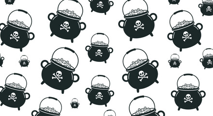 Seamless pattern featuring black cauldrons filled with bubbling potions and adorned with skull and crossbones motifs, perfect for halloween designs.