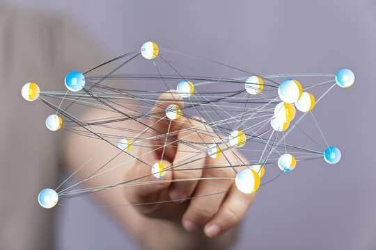 Abstract network visualization of technology and connection with the hand. Concept about the future, big data a