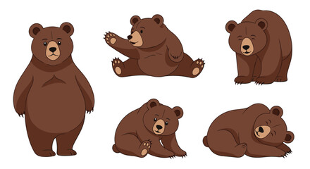 Charming collection of cartoon brown bears in various playful poses, showcasing different expressions and activities, perfect for children's illustrations and designs.