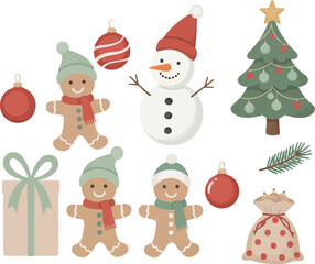 Fototapeta premium Whimsical christmas scene with gingerbread people snowman decorated tree and gifts