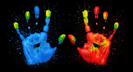 Vibrant glowing handprints in blue and red against a black background