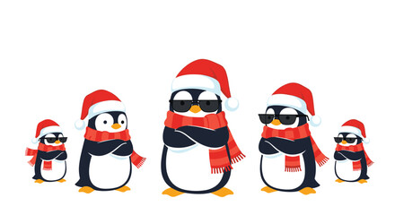 A cool group of cartoon penguins wearing Santa hats and sunglasses pose with arms crossed, radiating a festive and confident winter vibe.