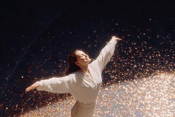 Joyful expression amidst shimmering lights, capturing moment of freedom and happiness