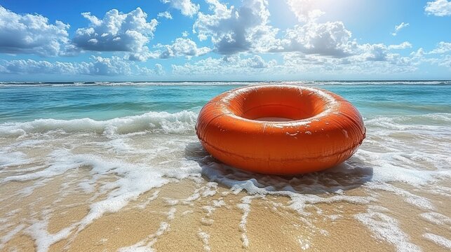 An orange float ring sits in shallow water as gentle waves wash over the shore