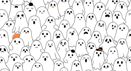 A whimsical collection of cute cartoon ghosts with varying expressions fills the frame, creating a playful and spooky halloween scene for festive designs.