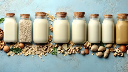 Plant based milk bottles on a blue background, surrounded by grains and nuts