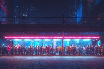 Neon-lit urban scene bustling with diverse crowd waiting at station