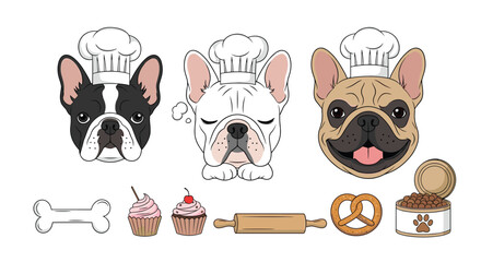 Adorable french bulldog chefs with baking ingredients and treats in a colorful illustration, perfect for pet bakeries or dog-themed designs.