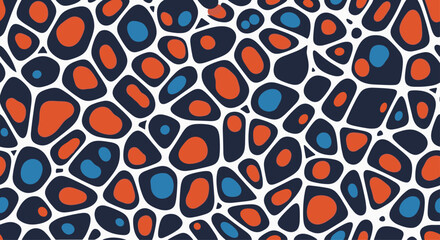 Abstract organic pattern featuring irregular shapes in red, blue, and dark navy against a white background, creating a modern and artistic texture.