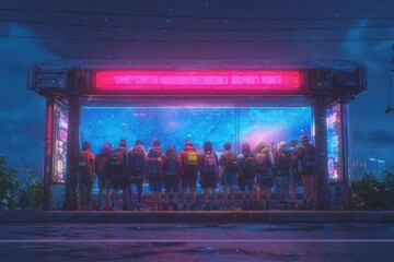 Illuminated bus stop scene with vibrant colors and futuristic atmosphere, people waiting
