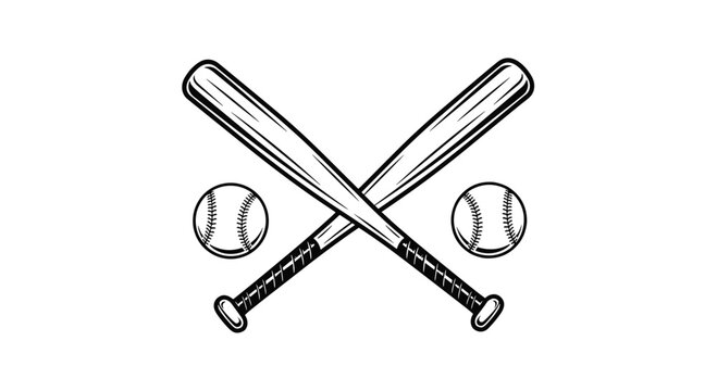 Vintage crossed baseball bats and balls illustration in black and white, a classic sports emblem perfect for teams, leagues, or retro designs.