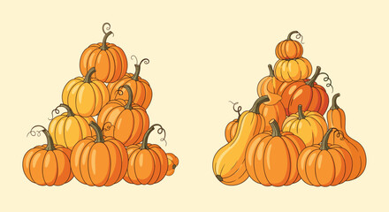 Two colorful stacks of pumpkins and gourds create a festive autumn display, perfect for fall season themes and harvest celebrations.