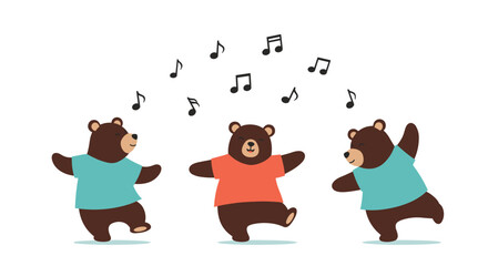 Three adorable brown bears joyfully dance to upbeat music, creating a whimsical and cheerful scene perfect for children's illustrations or playful designs.