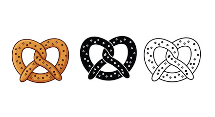 A trio of pretzel illustrations showcasing color, silhouette, and line art variations for versatile design applications and branding concepts.
