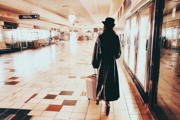 lone traveler walks through deserted terminal, exuding mystery and anticipation