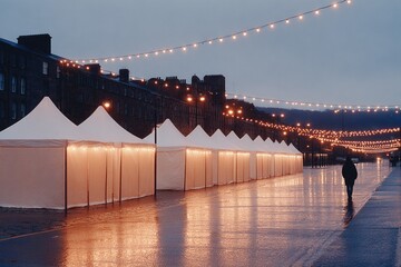 Twilight scene with illuminated tents and reflections on wet pavement, creating ambiance