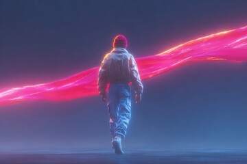 Walking figure in neon glow, surrounded by vibrant, flowing light trails