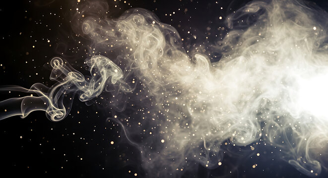 Abstract image showing white smoke with bright light and small dots on a dark background effect art