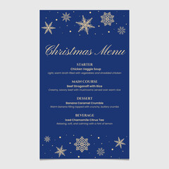 Christmas menu template with snowflakes in blue gold theme. Vector illustration restaurant or cafe set menu with starter food, main course, dessert and beverage.