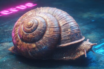 Detailed snail shell illuminated by neon lights, showcasing texture and color contrasts