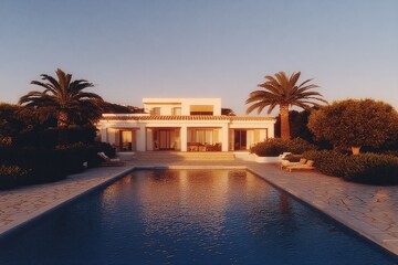 Modern villa with large windows surrounded by palm trees and serene pool