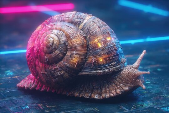 Glowing snail with futuristic shell on neon-lit surface, showcasing technology