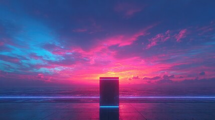 Vibrant sunset with deep pink and blue hues illuminating solitary structure